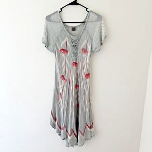 Boho Swing Dress Size S Grey Red Floral Y2K Indie Semi Sheer Festival Fairy